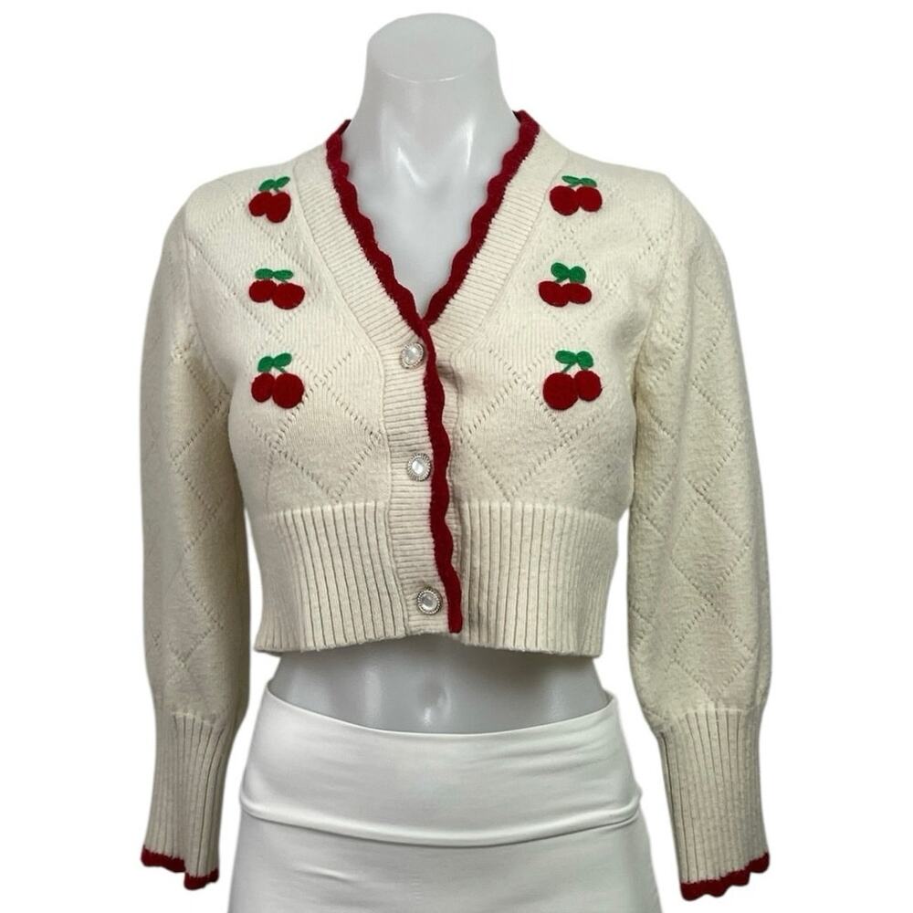 Cider Cream Red Strawberry Knit V Neck Button Up Crop Cardigan Sweater Size S
